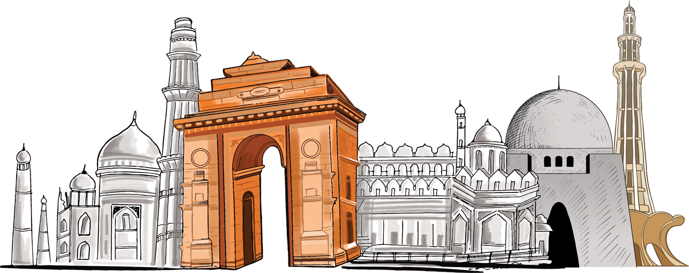 Landmarks of Pakistan and India — Taj Mahal, Qutub Minar, India Gate, Jama Masjid, Badshahi Mosque
